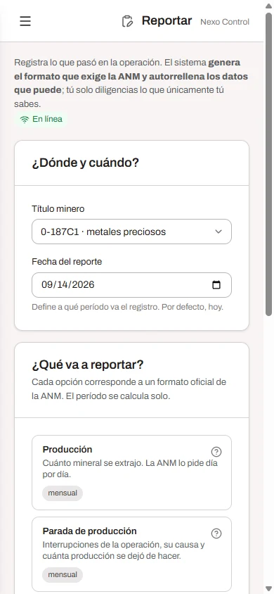 App Android de Nexo Control en la pantalla Reportar: selector de título y fecha, y las opciones de FRI para reportar.